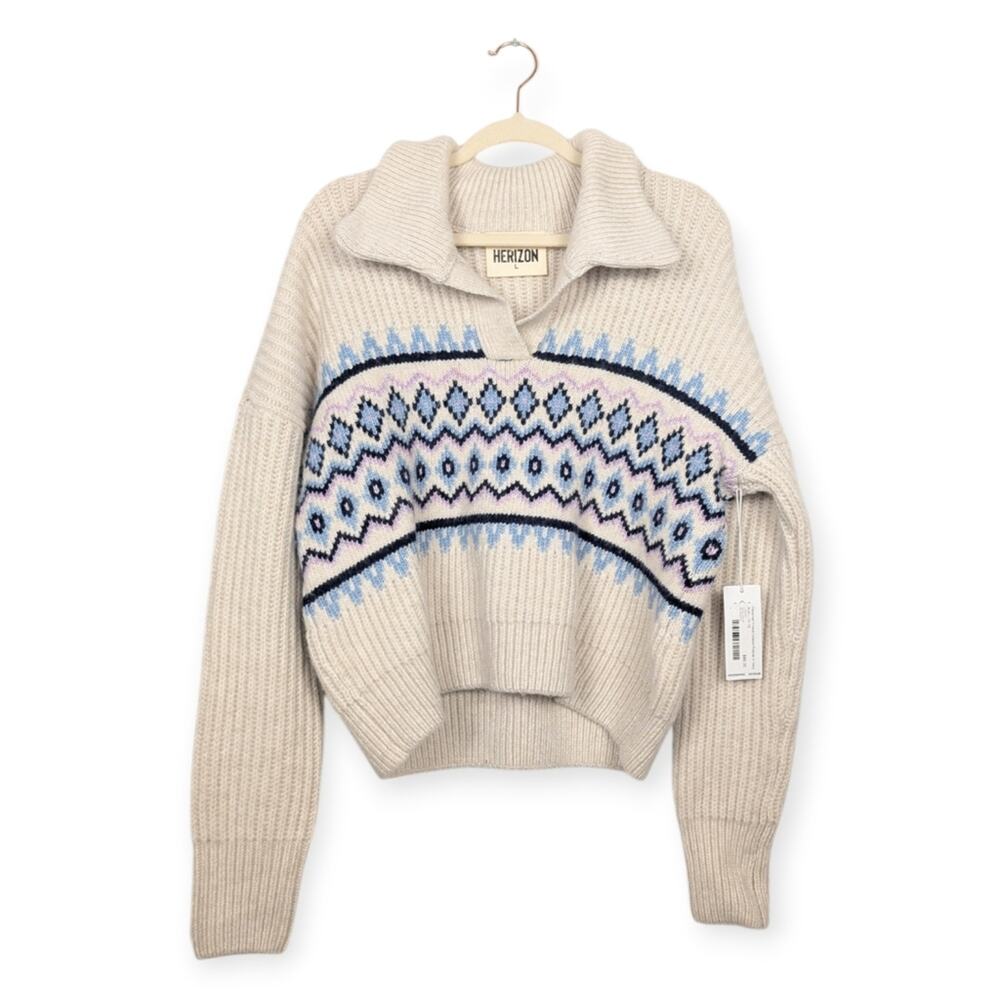 Herizon Pullover Sweater L Ivory Blue Pattern Collared Knit Cozy Casual NWT